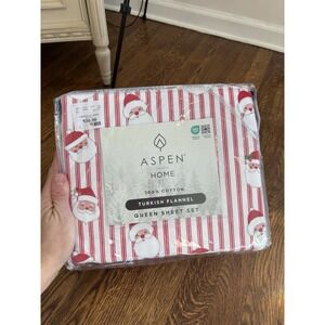 Aspen Home 100% Cotton Turkish Flannel Queen Sheet Set Red White Striped Santa